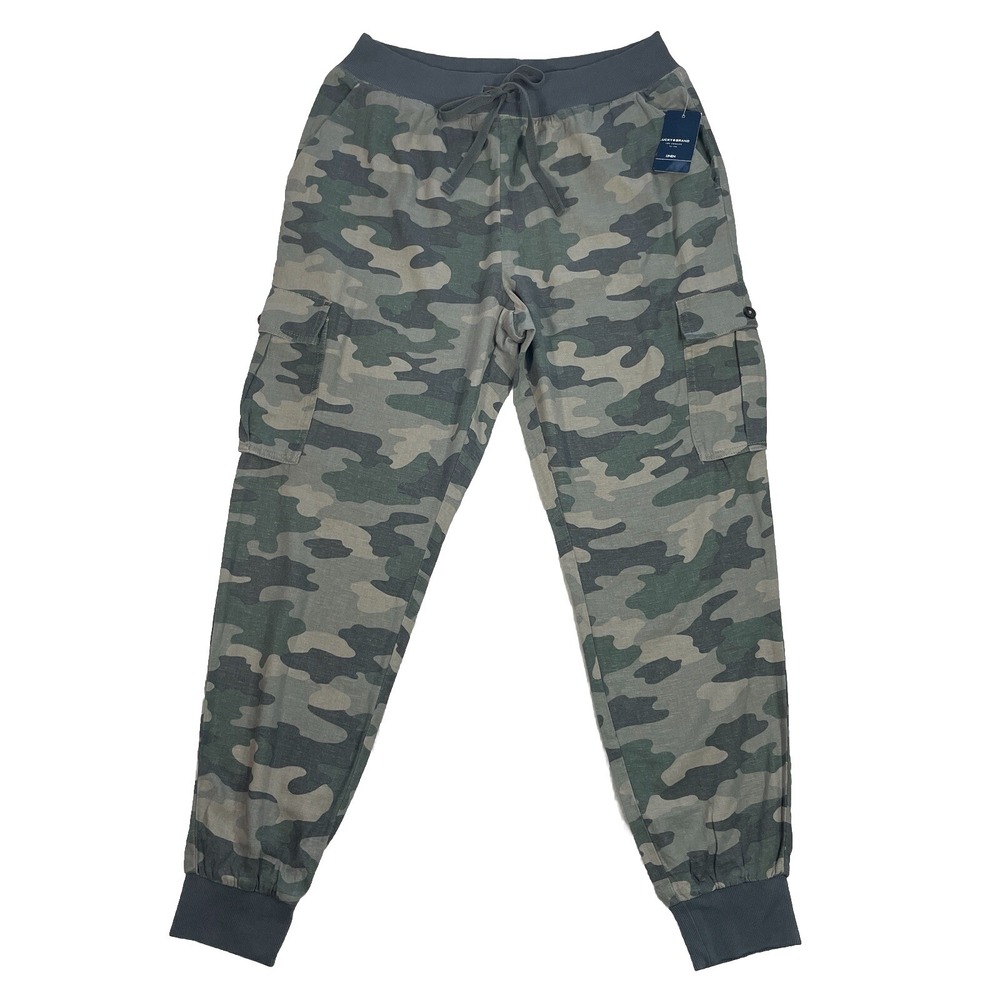 Lucky Brand Linen Cargo Jogger Pants Drawstring Camo Green Women's M Inseam 29